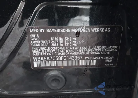 2015 BMW 528I xDrive from USA, damaged, VIN WBA5A7C58FG143357